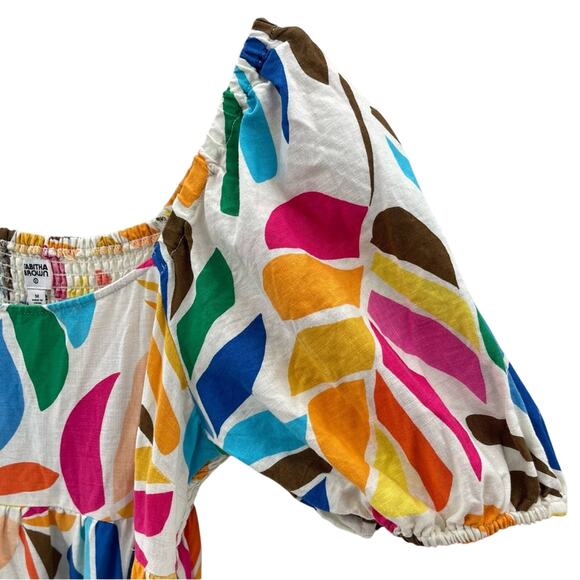 Tabitha Brown Linen Blend Botanical Smocked Puff Sleeve Tiered Dress Size Medium - Picture 6 of 14